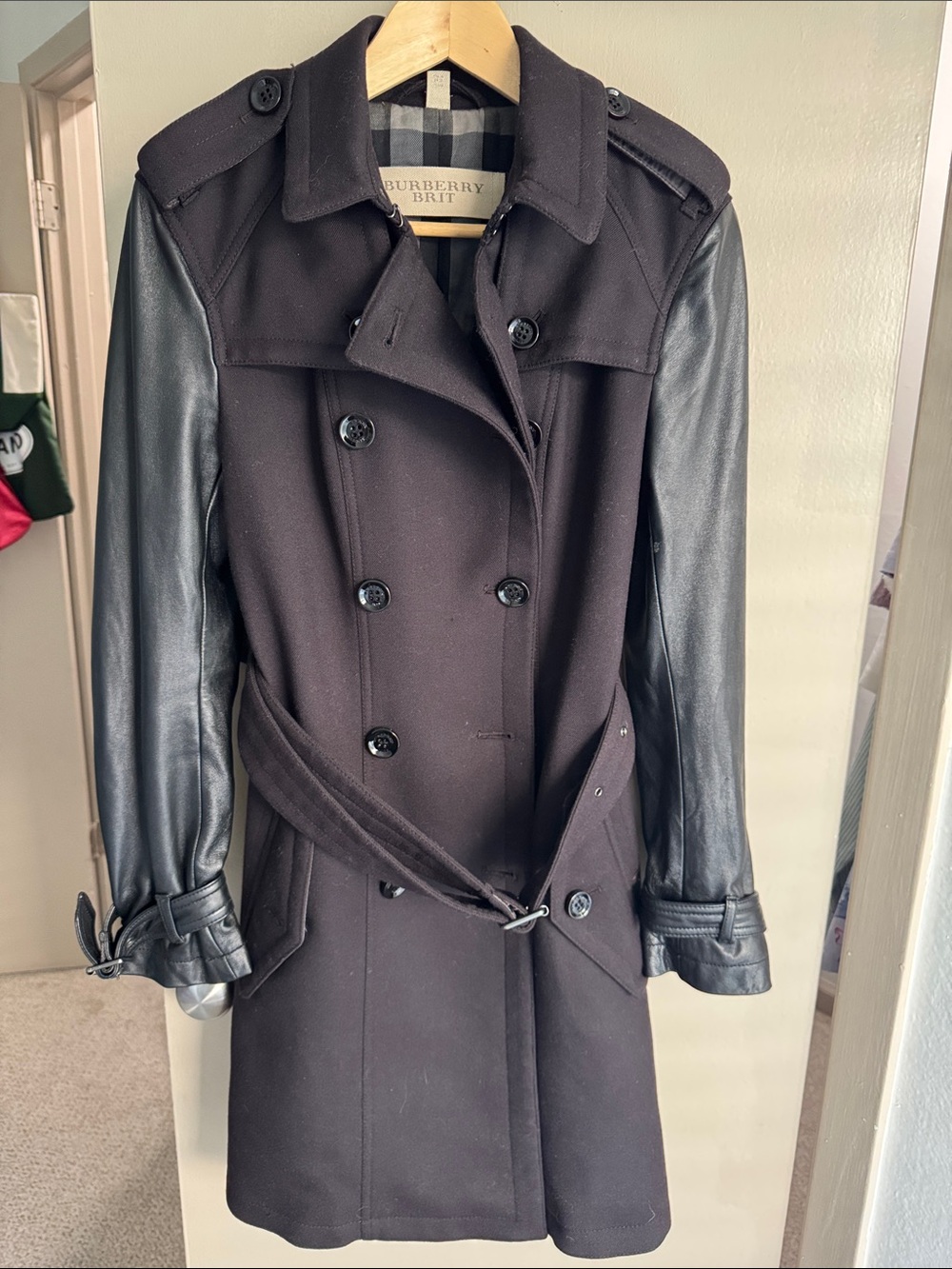Burberry Black Trench Coat with Black Leather Sleeves
